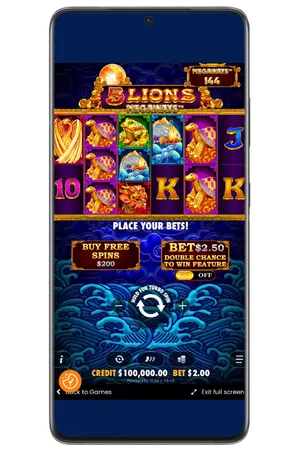 Main reels screen during a 5 Lions Megaways slot session